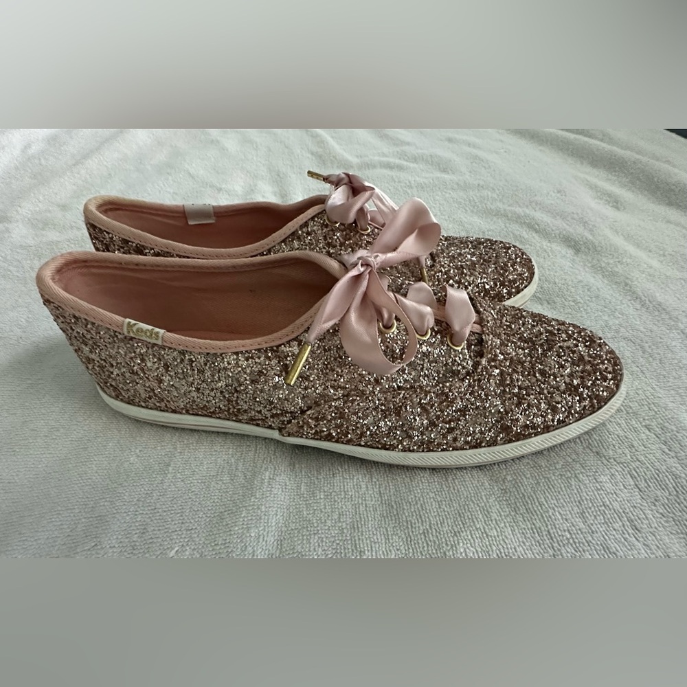 Keds Kate Spade Rose Gold Glitter Sneakers with Pink Satin‎ Laces - Size 7.5